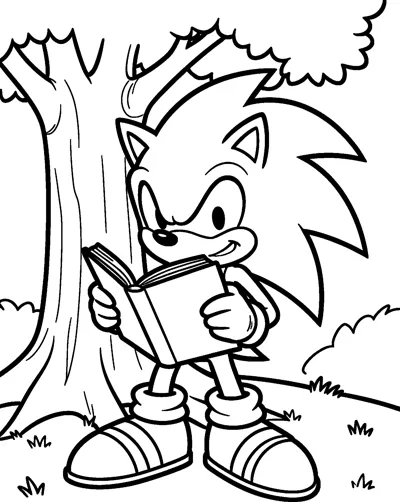 Sonic the Hedgehog stands under a leafy tree reading an open book held in both gloved hands.