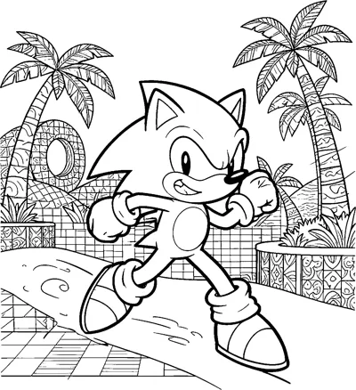 Sonic the Hedgehog sprints along a path in Green Hill Zone, with palm trees, checkered hills, a loop and patterned walls behind him.