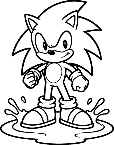 Sonic the Hedgehog stands in a large puddle with water splashing up around his sneakers and fists clenched.