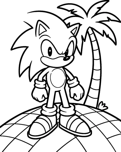 Sonic the Hedgehog stands on a checkered hilltop next to a tall palm tree with his fists at his sides.