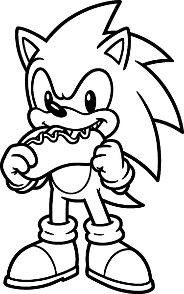 Sonic the Hedgehog grins as he takes a big bite out of a chili dog held in both gloved hands.
