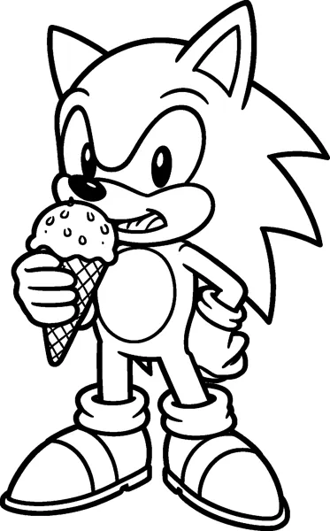 Sonic the Hedgehog stands with a hand on his hip, grinning as he bites a scoop of ice cream on a waffle cone.