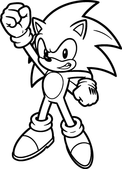 Sonic the Hedgehog punches one fist high in the air and grins, standing with his feet apart.