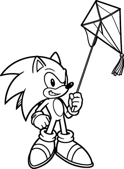 Sonic the Hedgehog holds a kite string in one fist as a diamond kite with a ribbon tail flies above.