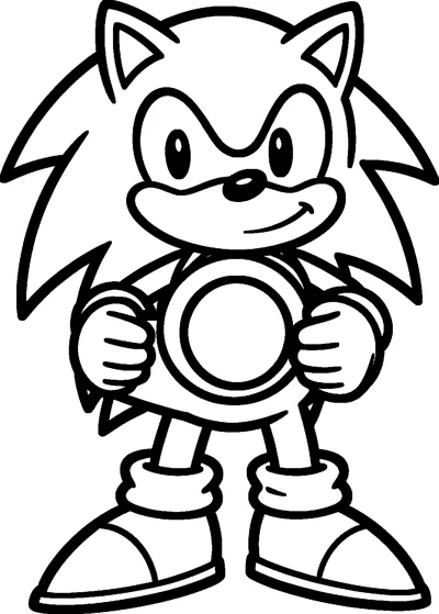 Sonic the Hedgehog smiles as he holds a large round ring in front of his tummy with both gloved hands.