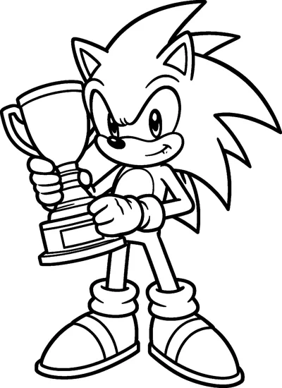 Sonic the Hedgehog proudly holds a tall trophy cup in one hand with the other fist clenched beside it.