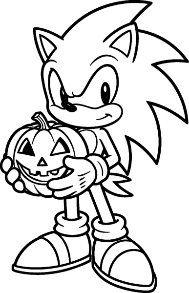 Sonic the Hedgehog holds a carved jack-o'-lantern pumpkin against his chest with both gloved hands.