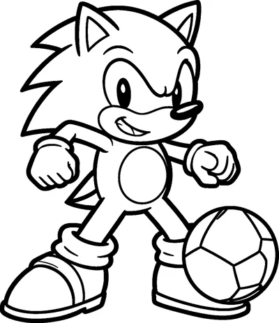 Sonic the Hedgehog grins with his fists raised as he steps forward to kick a football resting against his big sneaker.