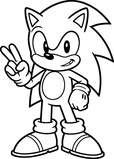 Sonic the Hedgehog stands with one hand on his hip and holds up two fingers in a cheerful peace sign.