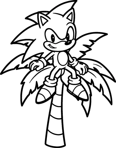 Sonic the Hedgehog sits on top of a palm tree, resting his gloved hands on the leafy fronds and smiling.