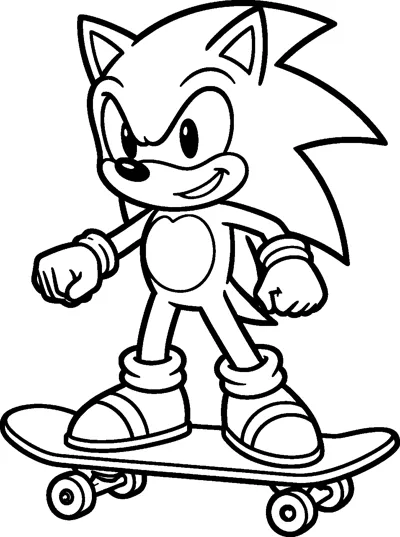 Sonic the Hedgehog rides a skateboard with both sneakers on the deck, his fists ready and a confident grin on his face.