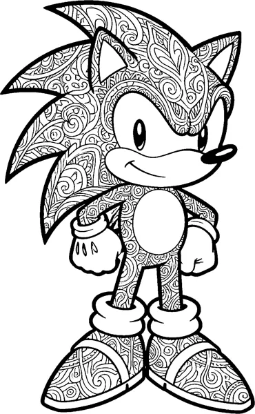 Sonic the Hedgehog stands with his hands on his hips, his quills, body and shoes filled with swirling decorative patterns.