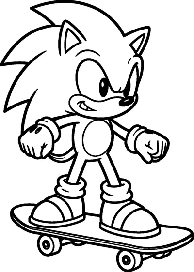 Sonic the Hedgehog balances on a skateboard with both arms out and a grin as the board rolls along.