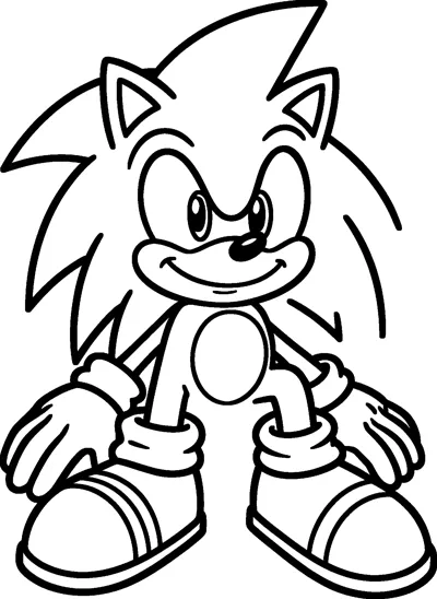 Sonic the Hedgehog sits on the ground with his legs out and hands resting beside him, grinning happily.