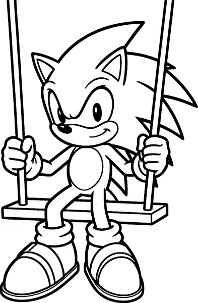 Sonic the Hedgehog sits on a plank swing holding both ropes with his big sneakers dangling below.