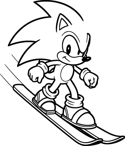 Sonic the Hedgehog speeds downhill on a pair of skis with fists clenched and speed lines trailing behind.