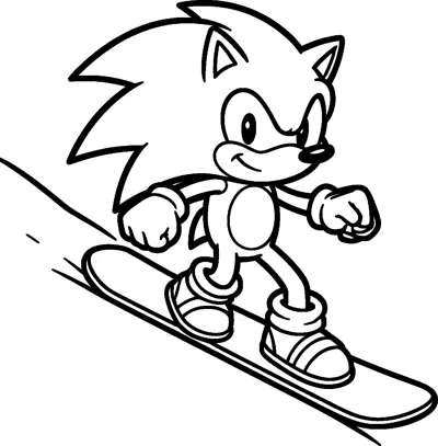 Sonic the Hedgehog rides a snowboard down a steep snowy slope with his fists clenched and quills flying back.