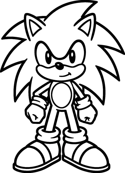 Sonic the Hedgehog faces forward with both fists clenched at his sides and a confident smirk.
