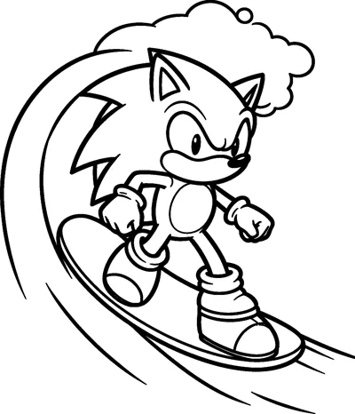 Sonic the Hedgehog rides a surfboard along a curling ocean wave with foamy spray rising behind his head.