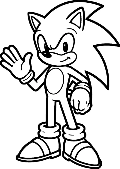 Sonic the Hedgehog stands and waves one gloved hand with a smile, showing his spiky quills and big sneakers.