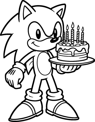 Sonic the Hedgehog smiles as he holds up a dripping iced birthday cake topped with five striped candles on a plate.