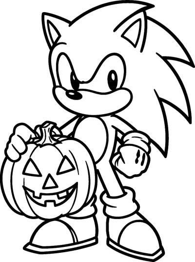 Sonic the Hedgehog stands beside a large grinning jack-o'-lantern, holding its stalk with one gloved hand.