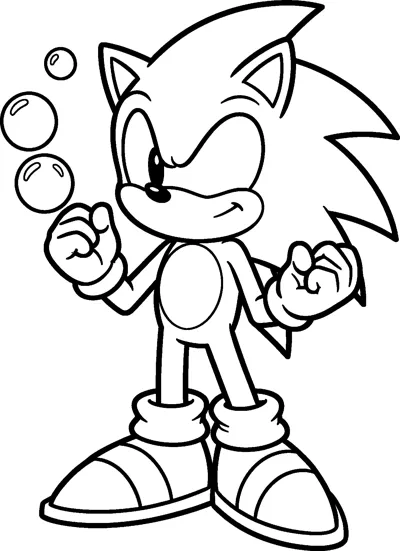 Sonic the Hedgehog raises both fists and smiles as three round bubbles float up beside his head.
