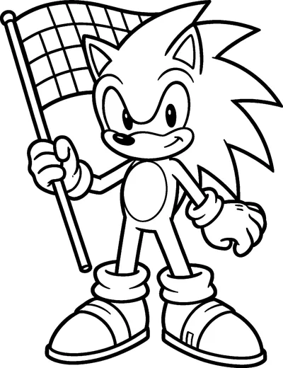Sonic the Hedgehog holds up a large checkered racing flag on a pole with a confident smile.