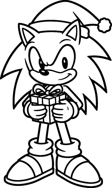 Sonic the Hedgehog wears a floppy Santa hat and holds a small wrapped present tied with a bow.