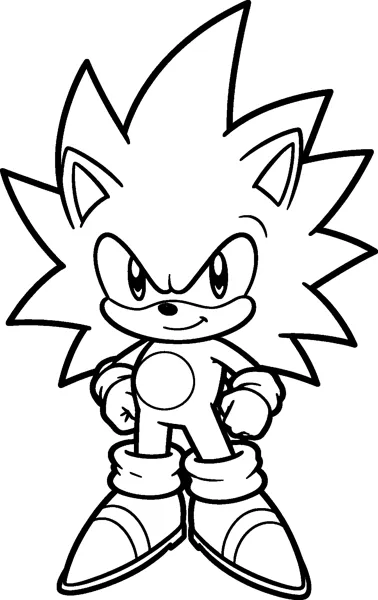 Super Sonic stands with his fists on his hips and his quills spiking straight upwards in a powered-up pose.