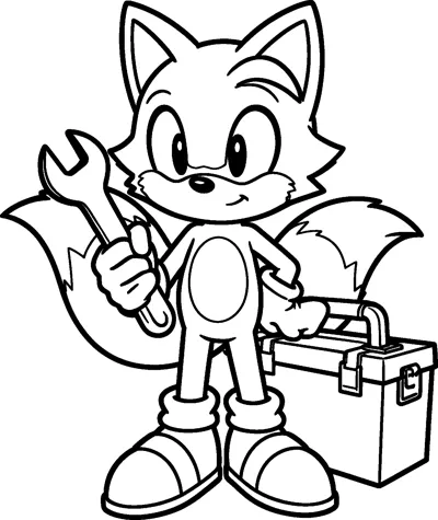 A drawing of Tails the two-tailed fox holding a big wrench next to an open toolbox with a handle and clasps.