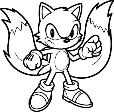A drawing of Tails the fox from Sonic standing with fists raised and his two bushy tails spread wide behind him.