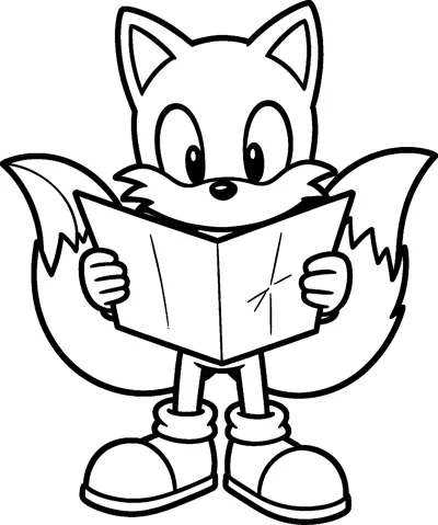 A drawing of Tails the two-tailed fox holding a large folded map open in front of him and studying it closely.