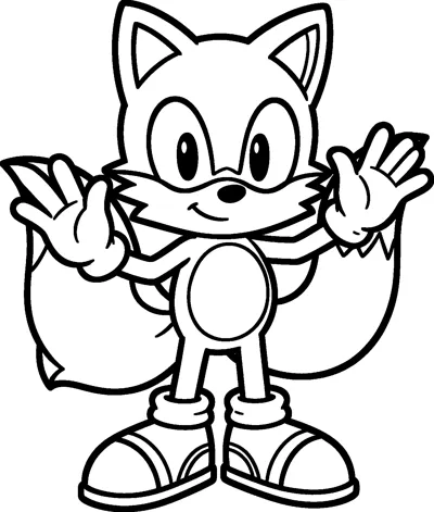 A simple drawing of Tails the two-tailed fox standing and waving both gloved hands with his two bushy tails spread behind him.