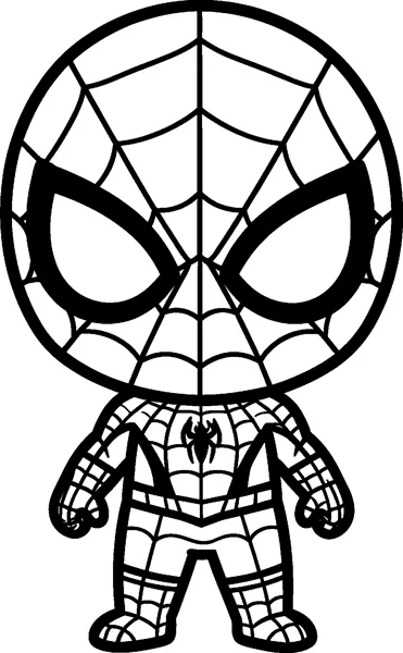 A cute chibi Spider-Man with a huge round masked head, big white eye lenses and a tiny web-patterned body.