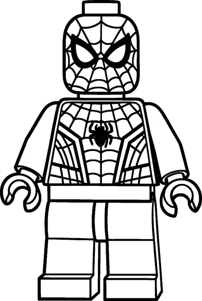 A blocky toy minifigure of Spider-Man with a square head, web-patterned mask, spider emblem on the chest and C-shaped hands.