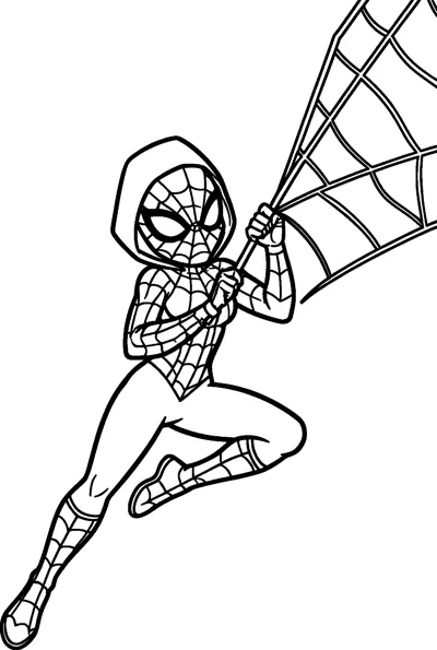 Spider-Gwen in her hooded spider suit swinging through the air while gripping a web line attached to a large spider web.