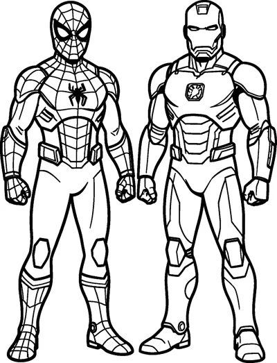 Spider-Man in his web-patterned suit standing next to Iron Man in armour with a round chest light, both with fists ready.