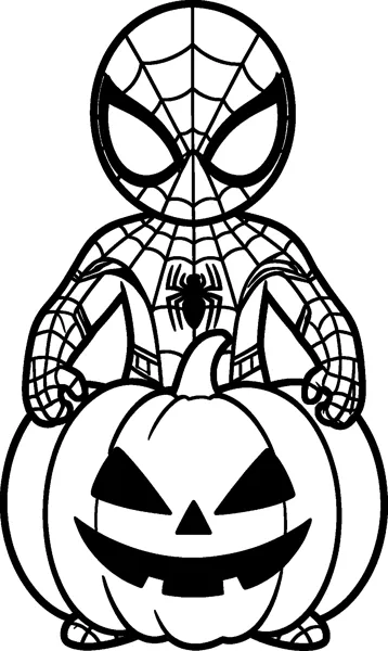 A drawing of Spider-Man standing behind a huge carved Halloween pumpkin with a grinning jack-o'-lantern face.