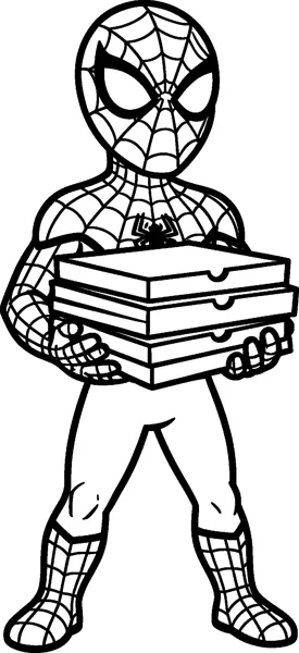 A drawing of Spider-Man standing and holding a tall stack of three pizza boxes in front of his chest with both hands.