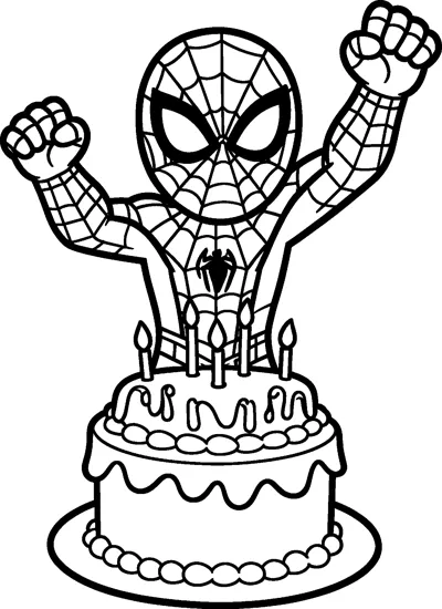 A drawing of Spider-Man raising both fists in celebration behind a big two-layer birthday cake with five candles on top.