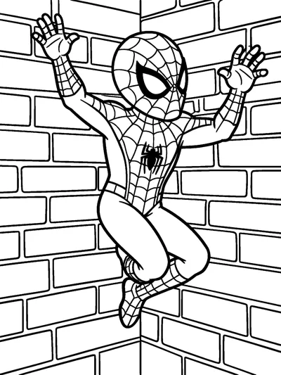 A drawing of Spider-Man climbing a tall brick wall with both hands raised above his head and his legs bent beneath him.