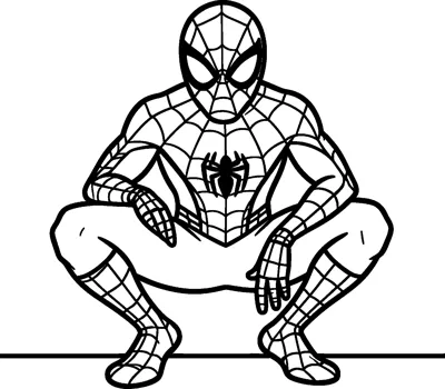 Spider-Man crouching low on a ledge with his knees bent wide and both hands resting near his feet, ready to spring.