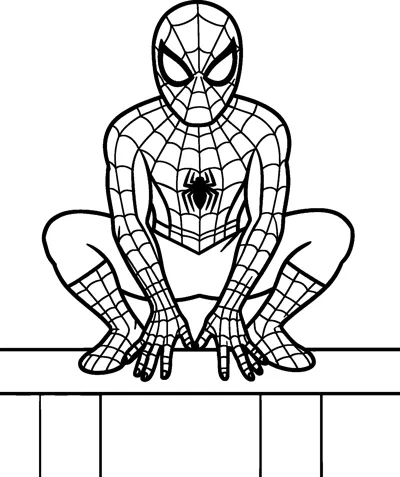 A drawing of Spider-Man crouching low on top of a rooftop wall with both hands on the ledge and his knees spread wide.