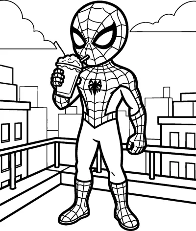 Spider-Man standing on a city rooftop sipping a milkshake through a straw, with railings, buildings and clouds behind him.