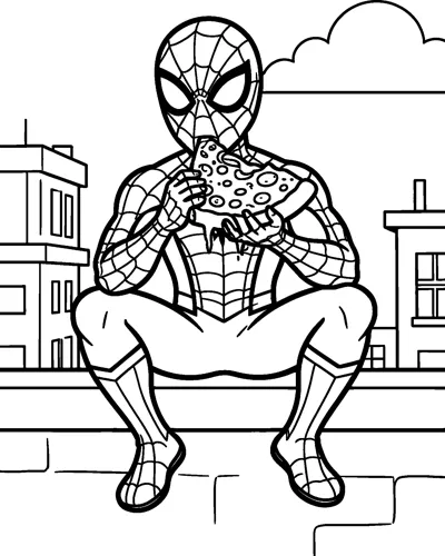 Spider-Man sitting on a rooftop ledge and lifting his mask to bite a cheesy pizza slice, with city buildings and a cloud behind him.