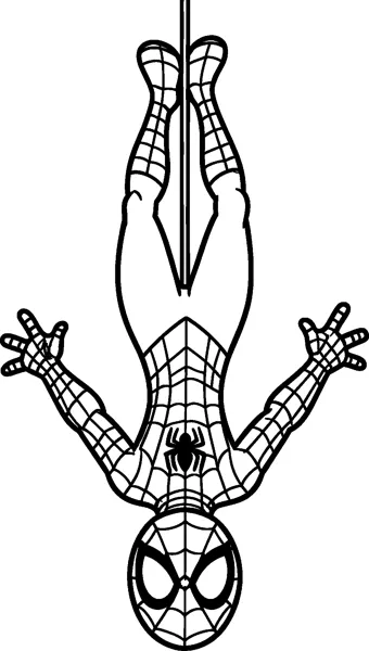 A drawing of Spider-Man hanging upside down from a single web line with his arms stretched out wide and his feet pointing up.