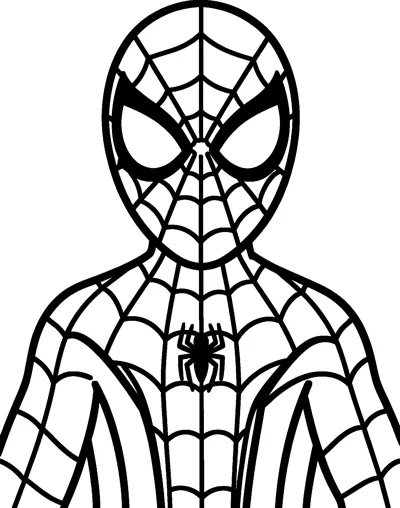 A close-up drawing of Spider-Man's masked head and shoulders, showing the web lines, big white eye lenses and the chest spider emblem.
