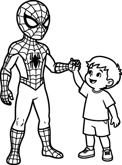 A drawing of Spider-Man standing next to a smiling boy in a t-shirt and shorts, the two of them giving each other a high five.