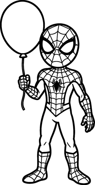 A drawing of Spider-Man standing up and holding the string of a big round balloon floating above his shoulder.